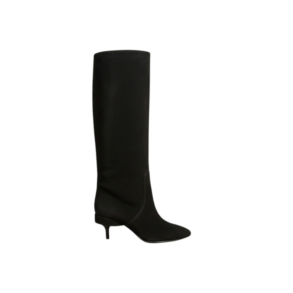 So and Ro black suede-like fold over knee high boots with pointed toe and elegant heel.
