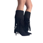 So and Ro black micro-suede knee-high boots with dramatic fringe detail and pointed toe.