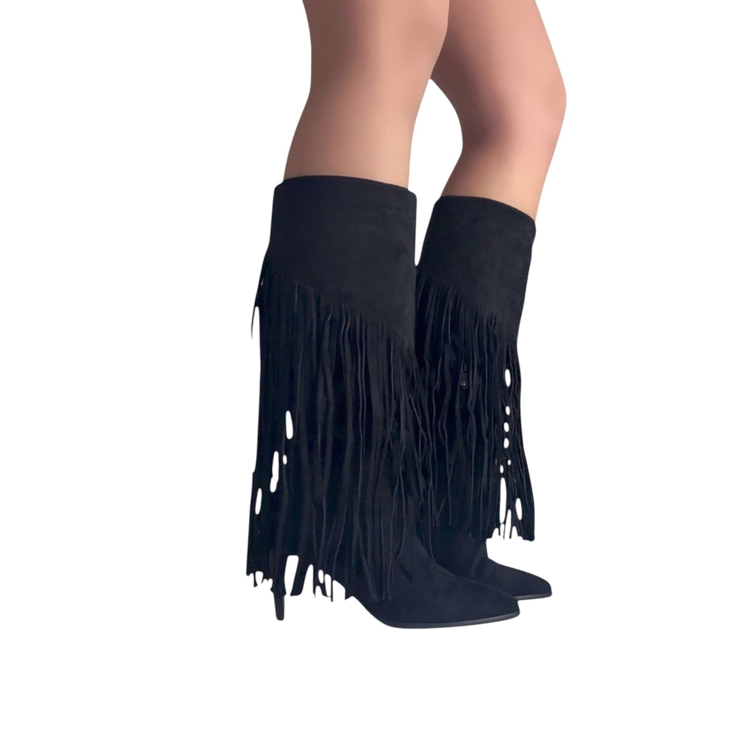 So and Ro black micro-suede knee-high boots with dramatic fringe detail and pointed toe.