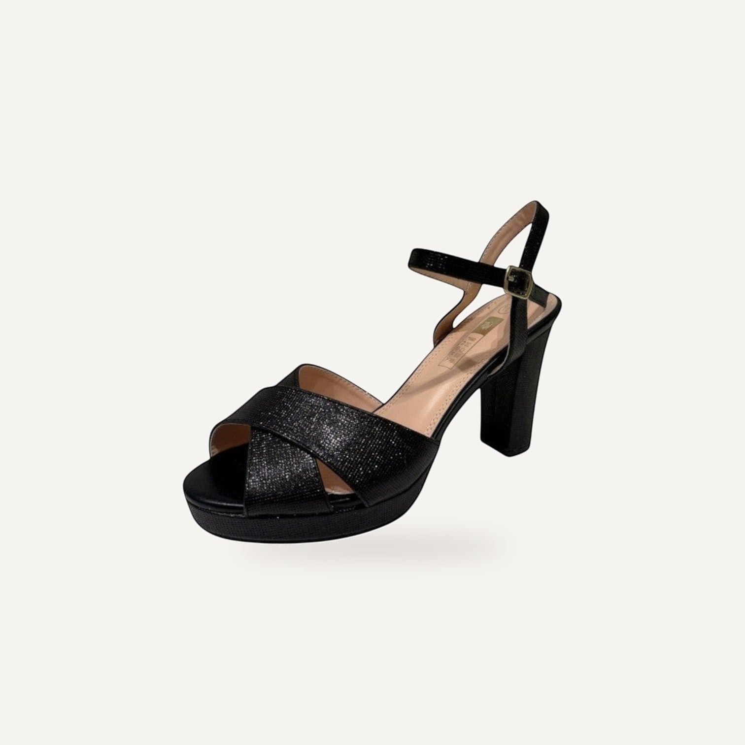 So and Ro black glitter cross-strap platform sandals with chunky block heel and ankle strap.