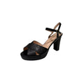 So and Ro black glitter cross-strap platform sandals with chunky block heel and ankle strap.