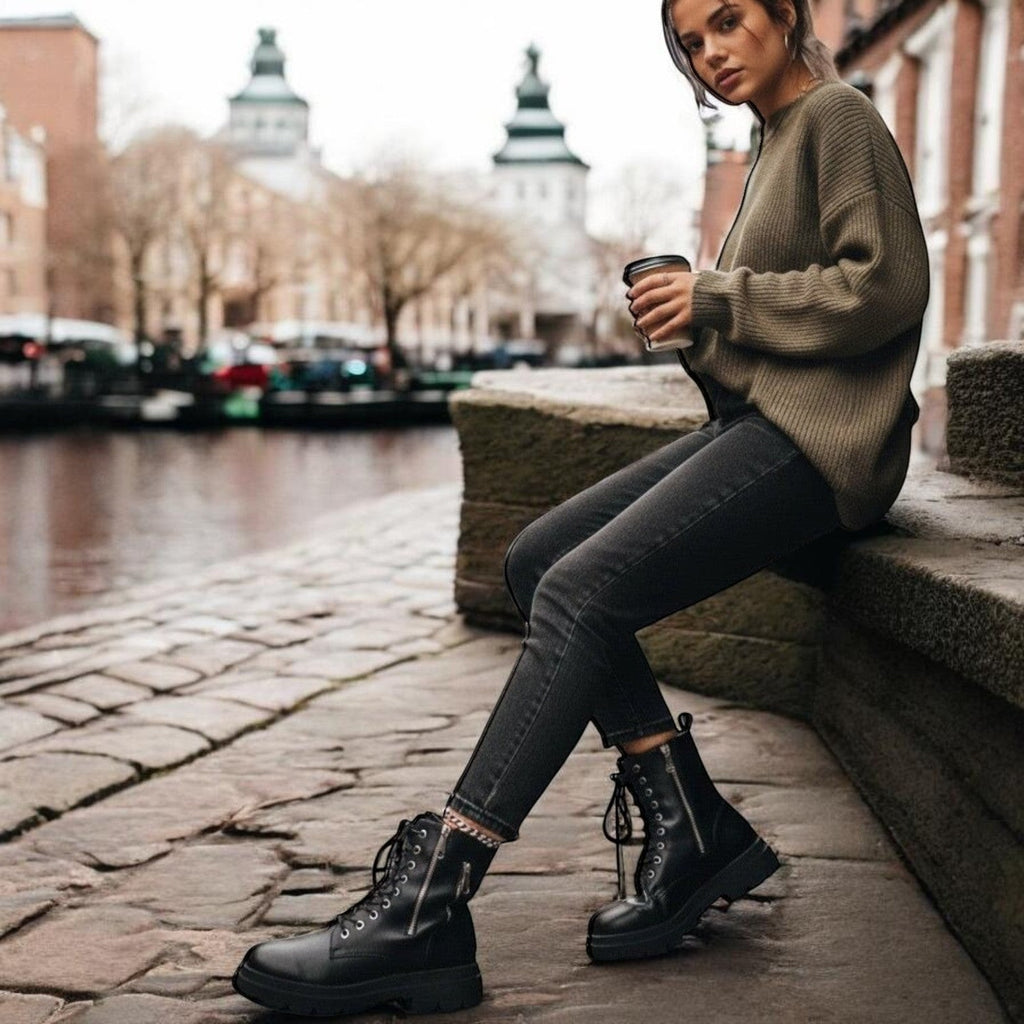 So and Ro black faux leather combat boots with side zippers and lug sole.