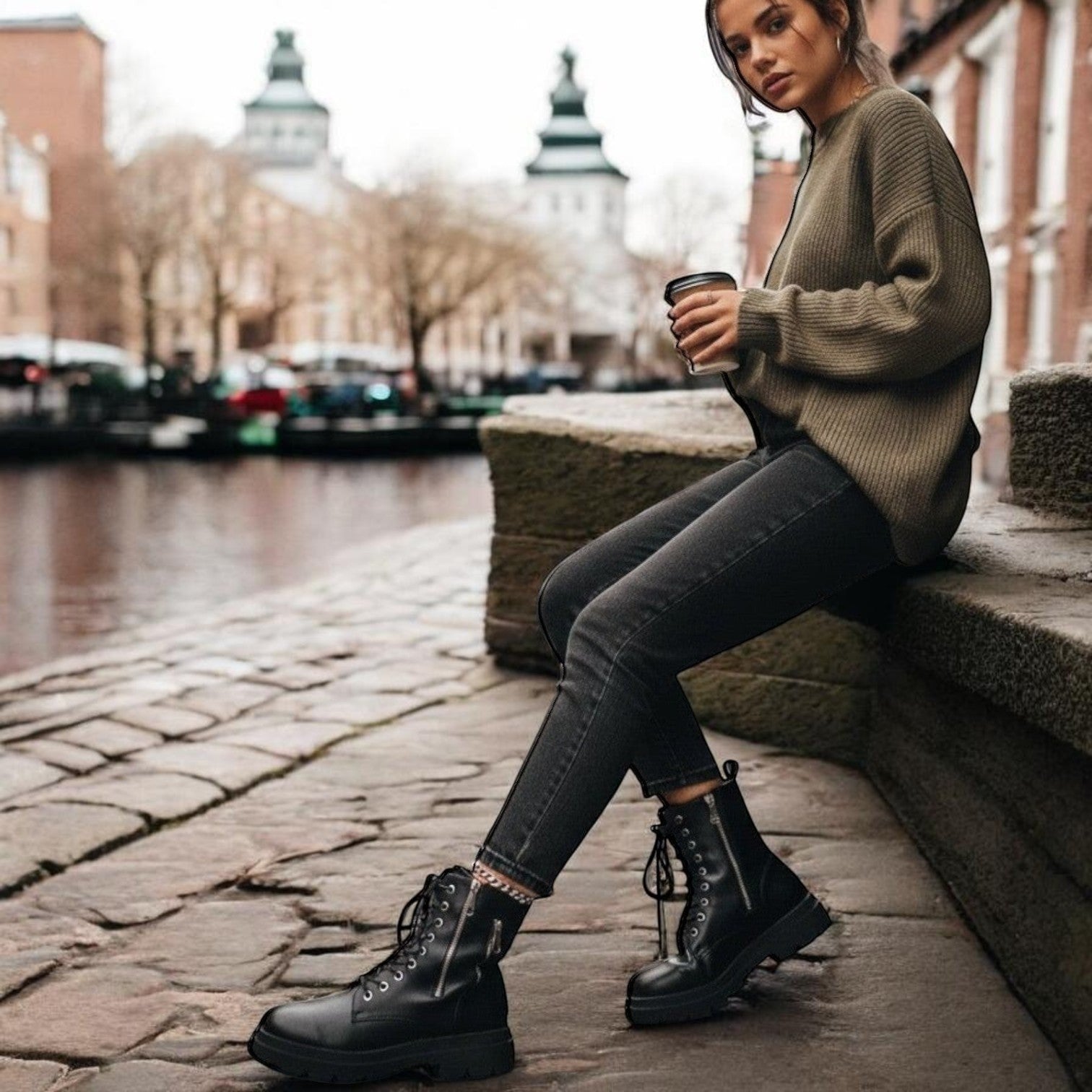 So and Ro black faux leather combat boots with side zippers and lug sole.