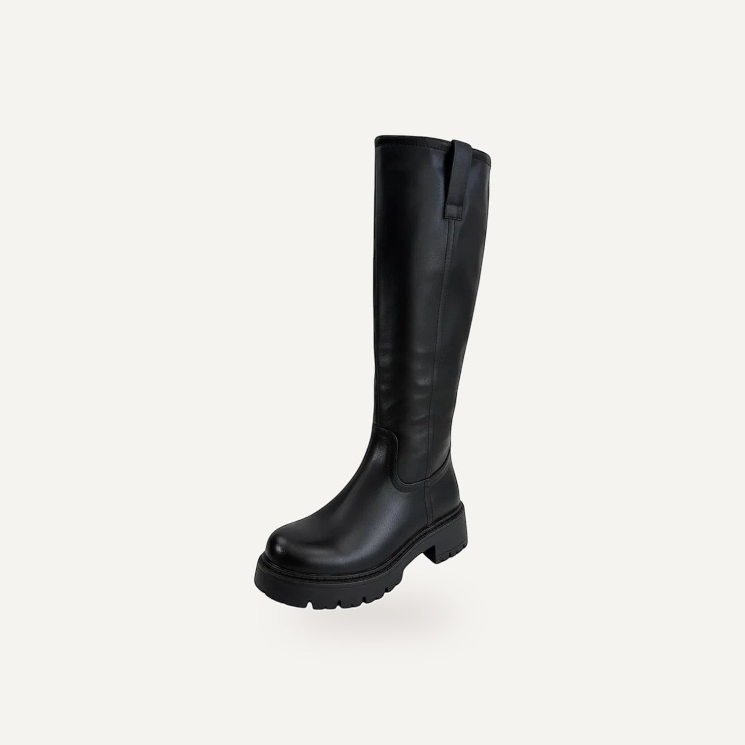 So and Ro black leather knee-high boots with a chunky lug sole and refined fit, perfect for festivals.