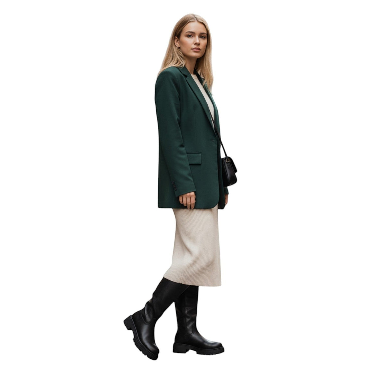So and Ro black leather knee-high boots with chunky sole worn by a woman in a green blazer and cream dress.