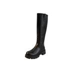 So and Ro black leather knee-high boots with a chunky lug sole and refined fit, perfect for festivals.