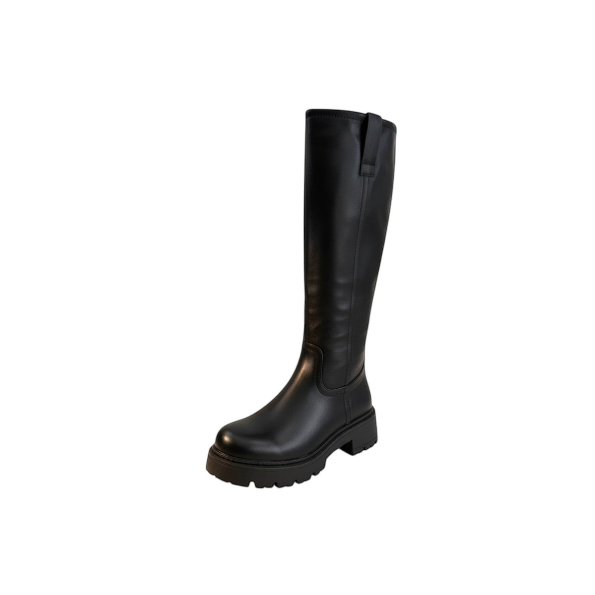 So and Ro black leather knee-high boots with a chunky lug sole and refined fit, perfect for festivals.
