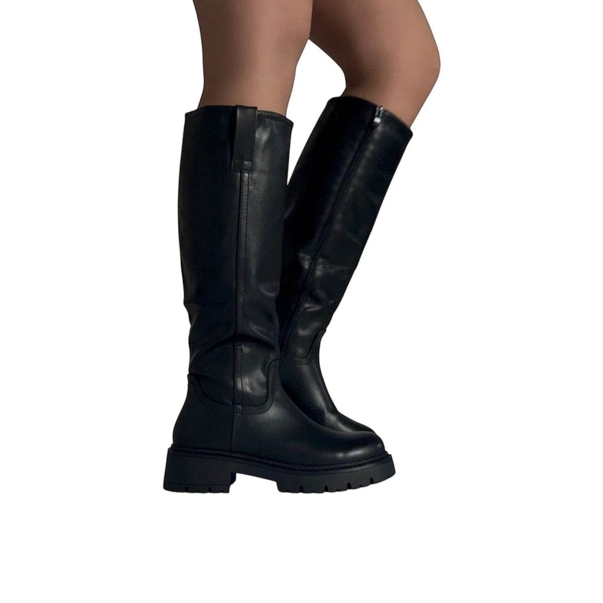 So and Ro black faux leather knee-high boots with a chunky lug sole and side zipper. Perfect for festivals.