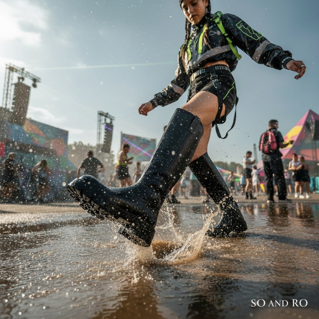 So and Ro black leather knee-high boots with a thick lug sole, worn by a woman at a festival.