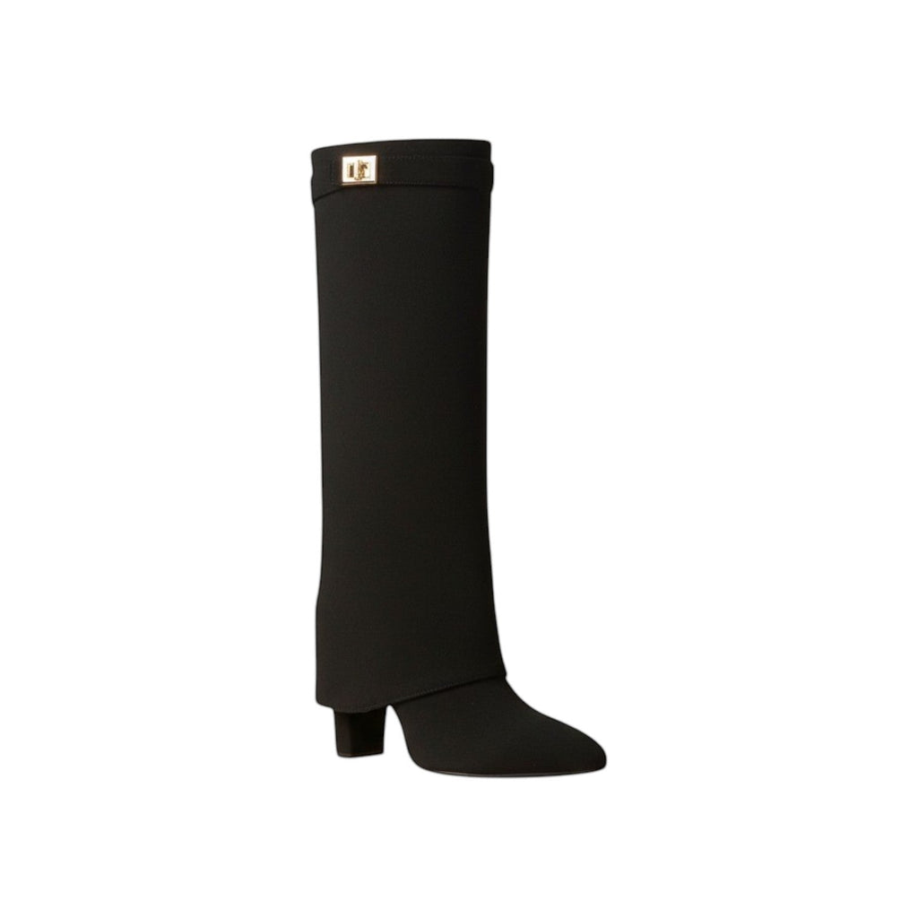 So and Ro black micro suede foldover knee-high boots with gold buckle detail and block heel.
