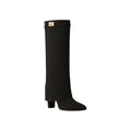 So and Ro black micro suede foldover knee-high boots with gold buckle detail and block heel.