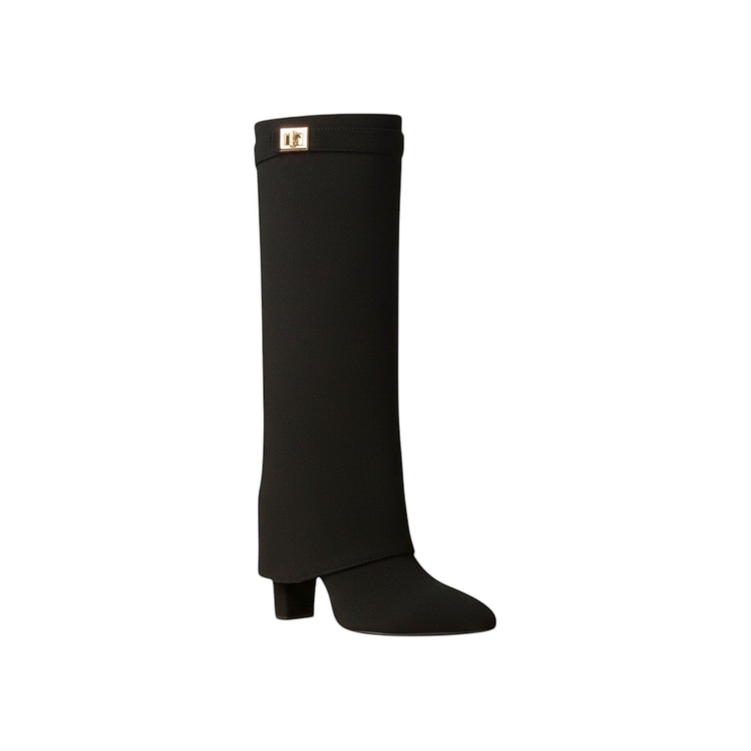 So and Ro black micro suede foldover knee-high boots with gold buckle detail and block heel.