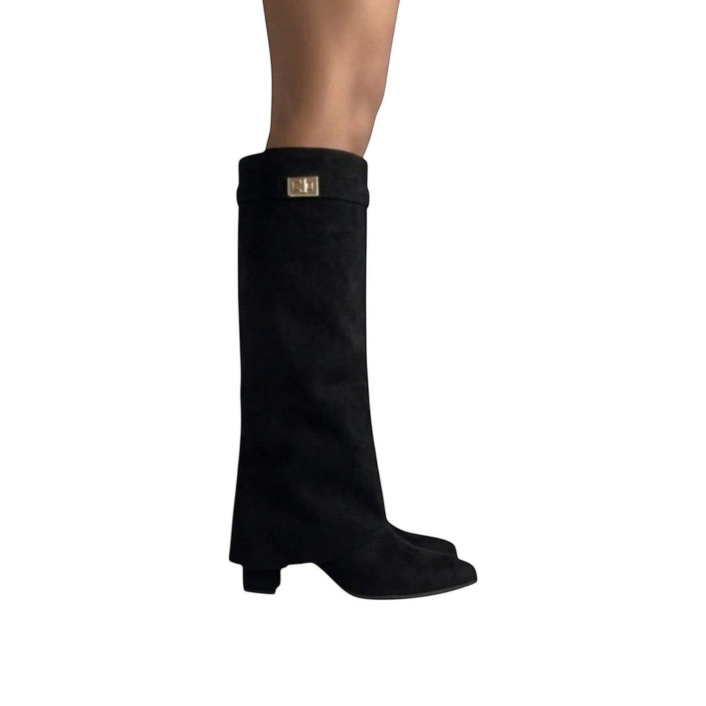 So and Ro black micro suede foldover knee-high boots with gold buckle detail.
