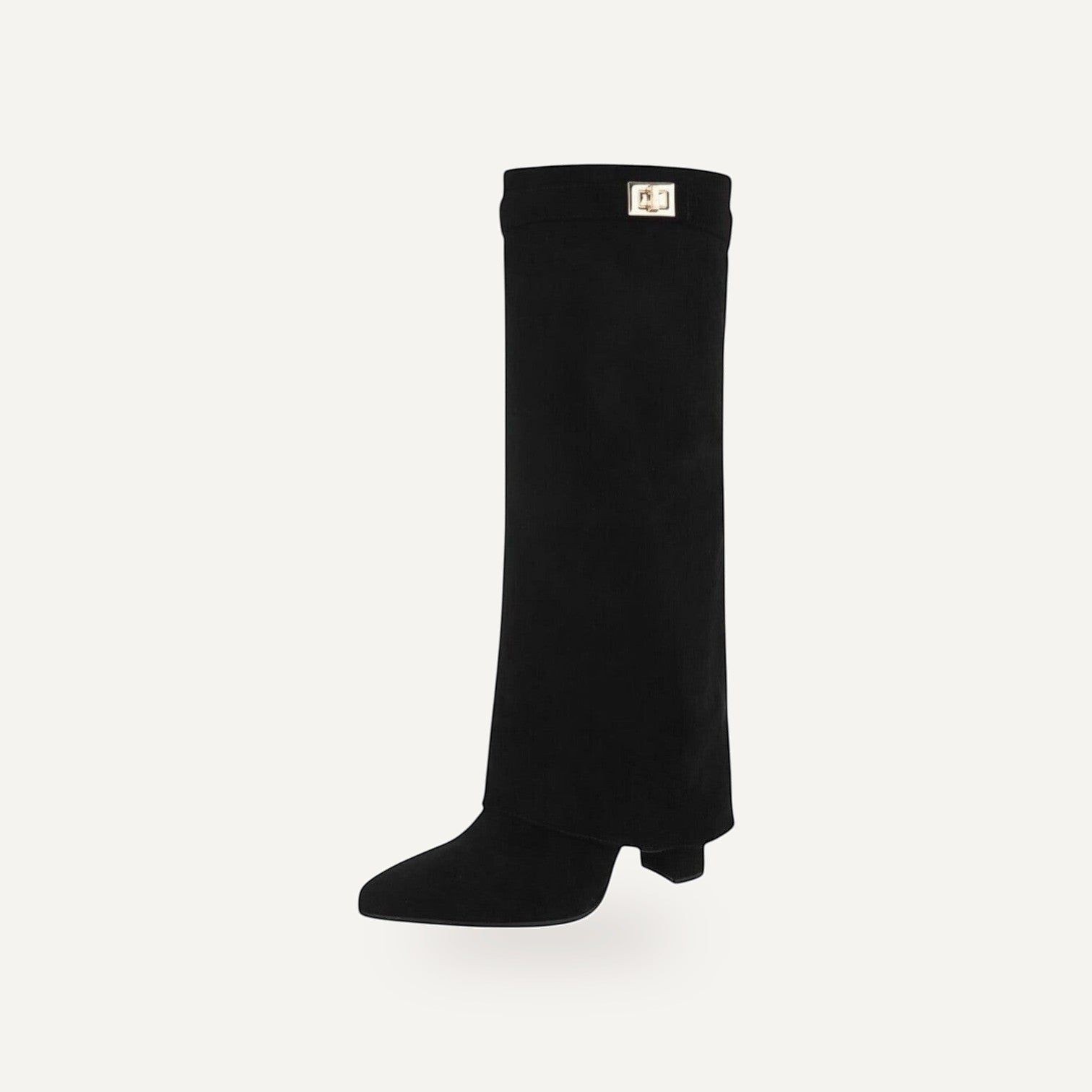 So and Ro black micro suede foldover knee-high boots with gold-tone buckle detail and pointed toe.