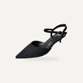 So and Ro black matte pointed toe slingback kitten heel with ankle strap and buckle closure.