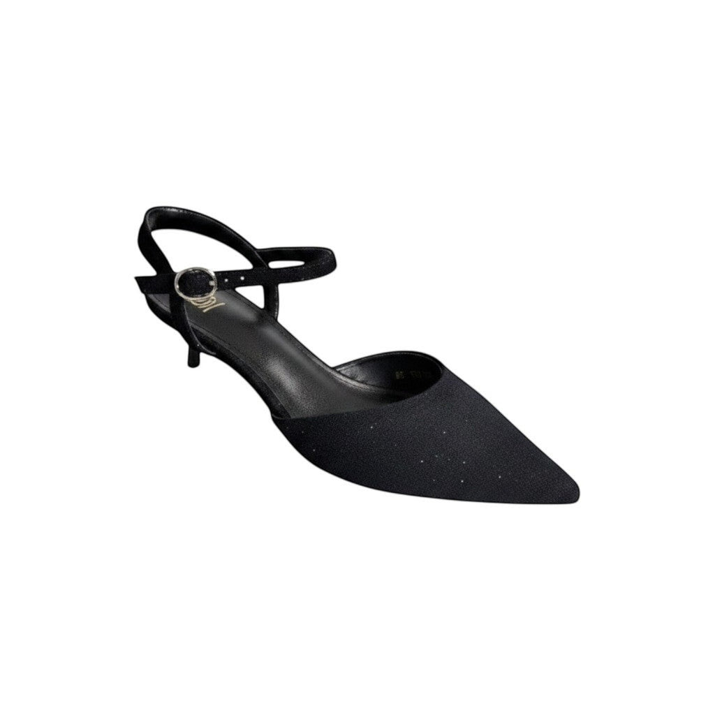 So and Ro black glitter fabric pointed toe slingback kitten heel with ankle strap and buckle.