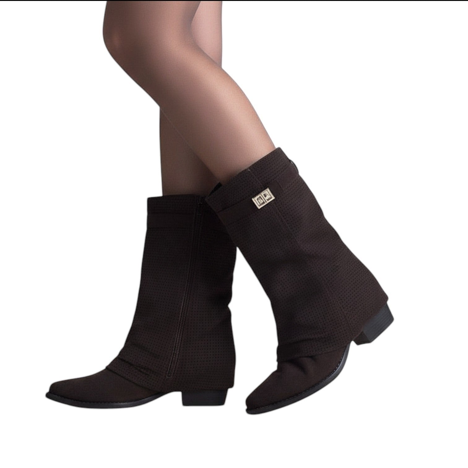 So and Ro black suede-look ankle boots with fold-over cuff and gold buckle detail.