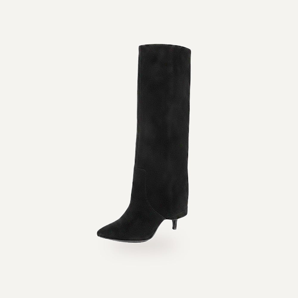 So and Ro black suede-like fold-over knee-high boots with pointed toe and elegant heel.