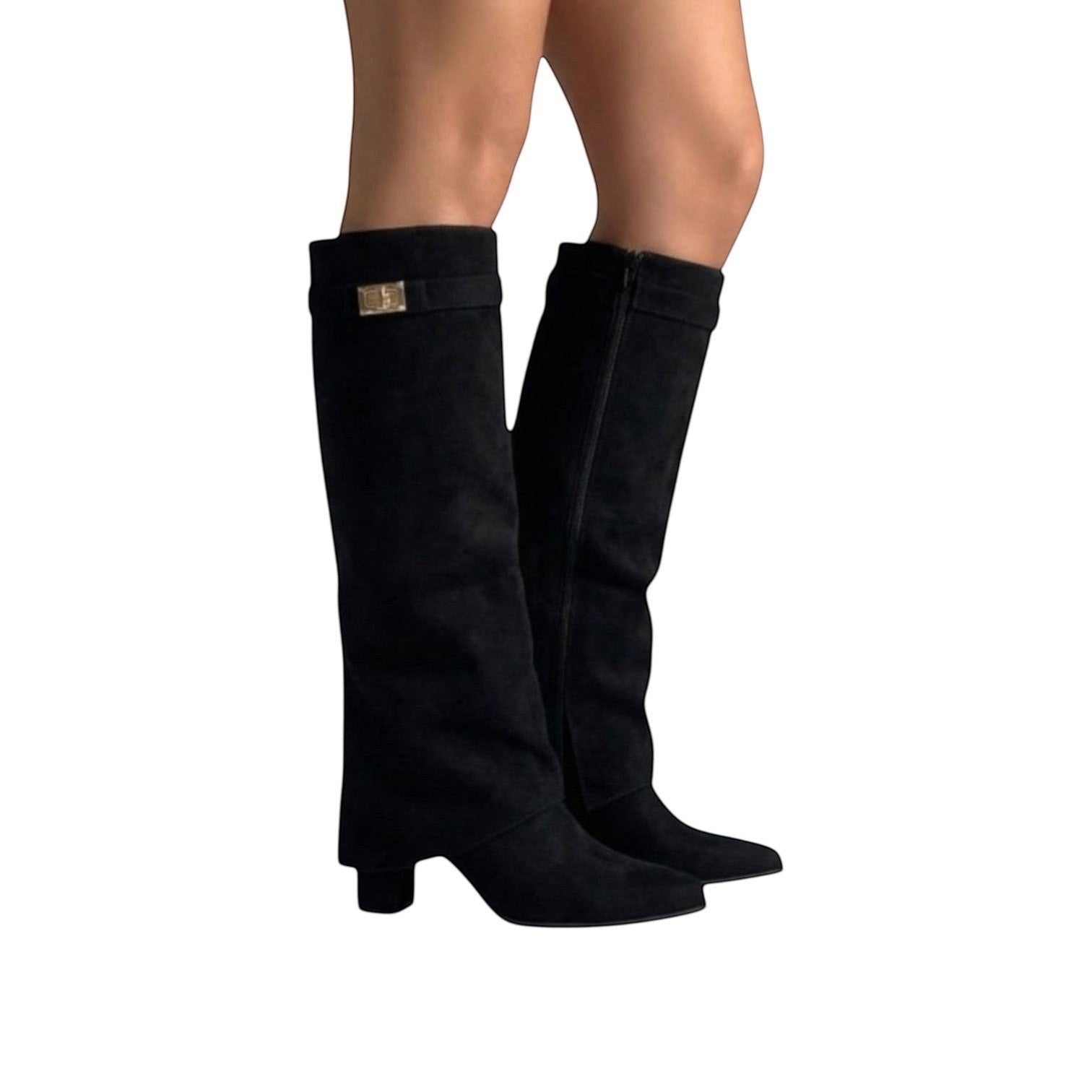 So and Ro black micro suede knee-high boots with foldover design and gold buckle detail.