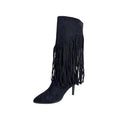 So and Ro black micro-suede knee-high boots with dramatic fringe detail and pointed toe.