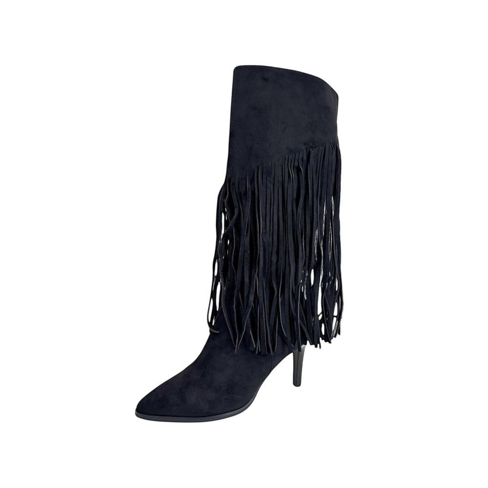 So and Ro black micro-suede knee-high boots with dramatic fringe detail and pointed toe.