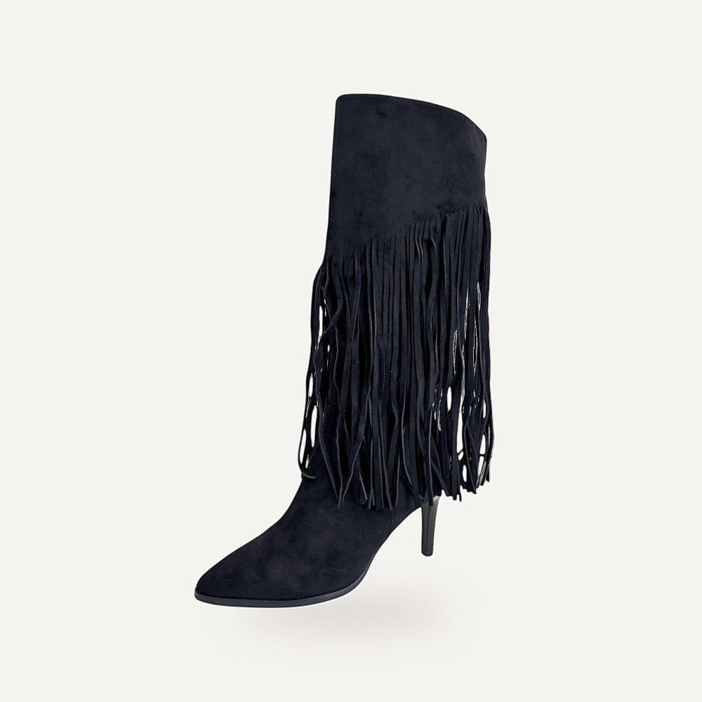 So and Ro black micro-suede knee-high boots with dramatic fringe detail and pointed toe.