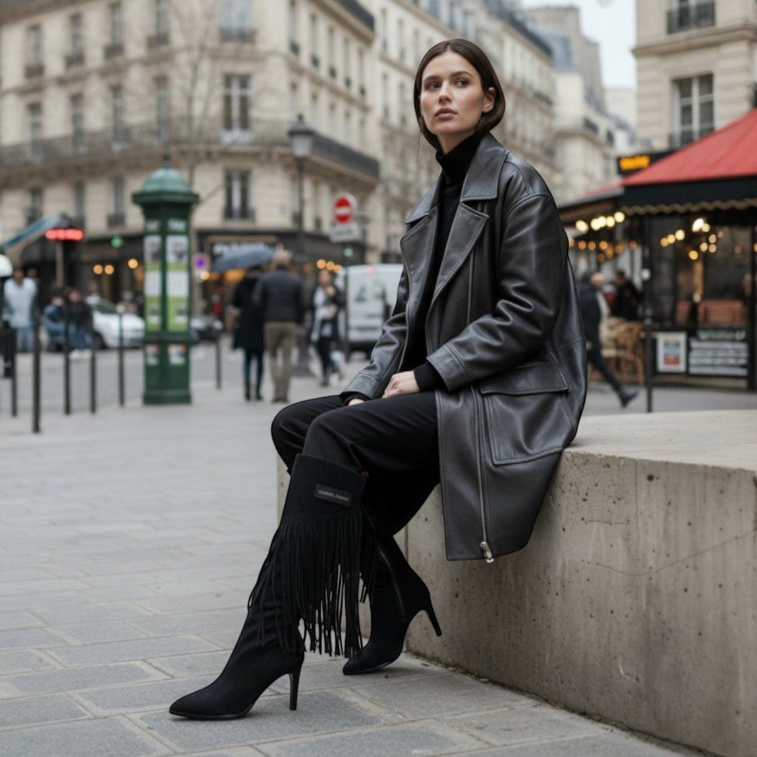 Zwarte boho fringe knee high boots met speelse franjes en suède textuur