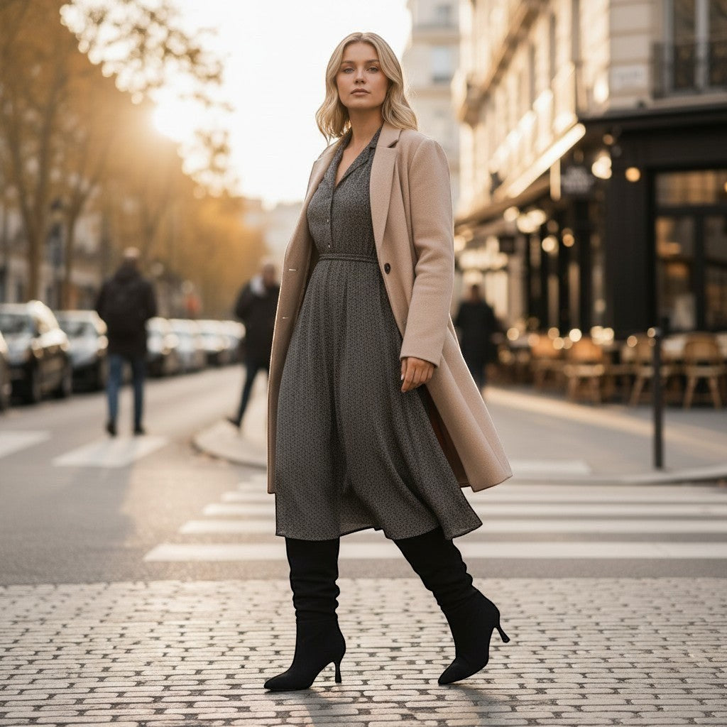 So and Ro black suede look high boots with kitten heel worn by a woman in a grey dress and beige coat crossing a street.