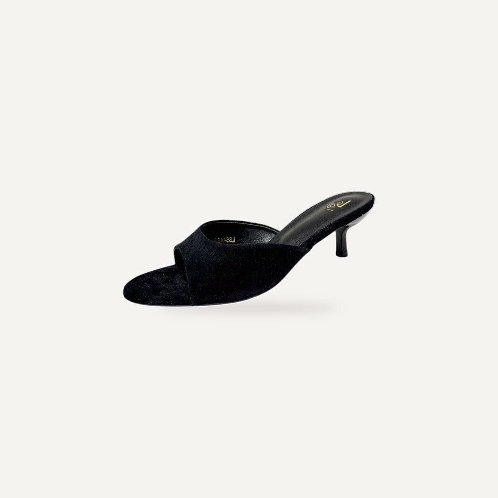 So and Ro black suede kitten heel mules with a minimalist design and refined heel.