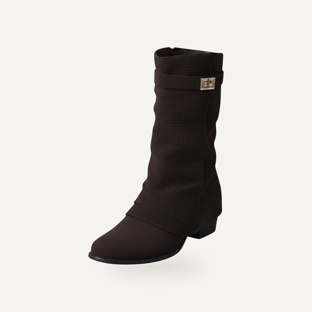 So and Ro black suede-look ankle boot with cuff and buckle detail, featuring a perforated design.