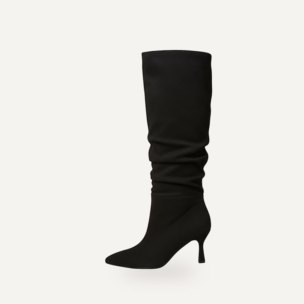 So and Ro black suede look slouchy knee-high boots with pointed toe and kitten heel.