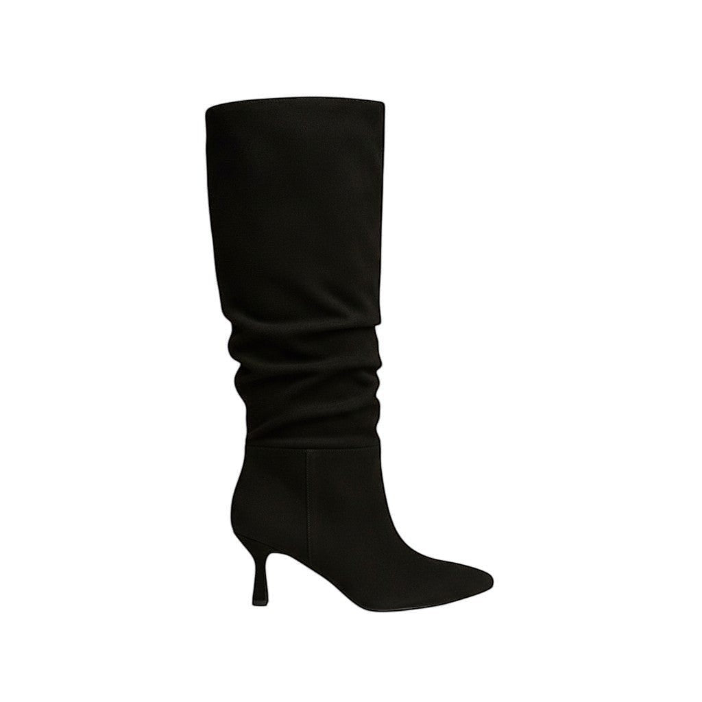 So and Ro black suede look slouchy knee-high boot with pointed toe and kitten heel.