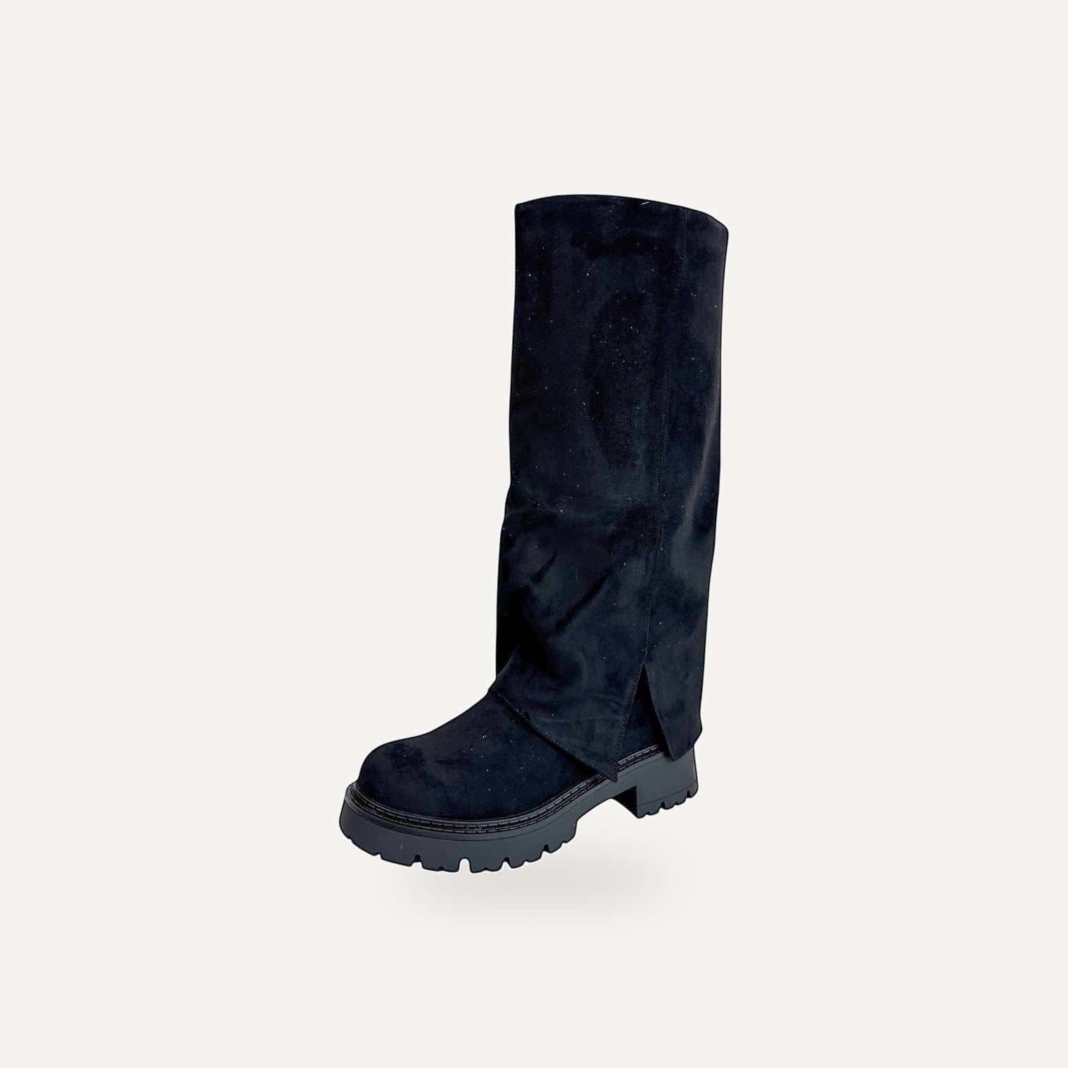 Zwarte festival laarzen dames met suede omslag - stoere tall slit boot voor festival