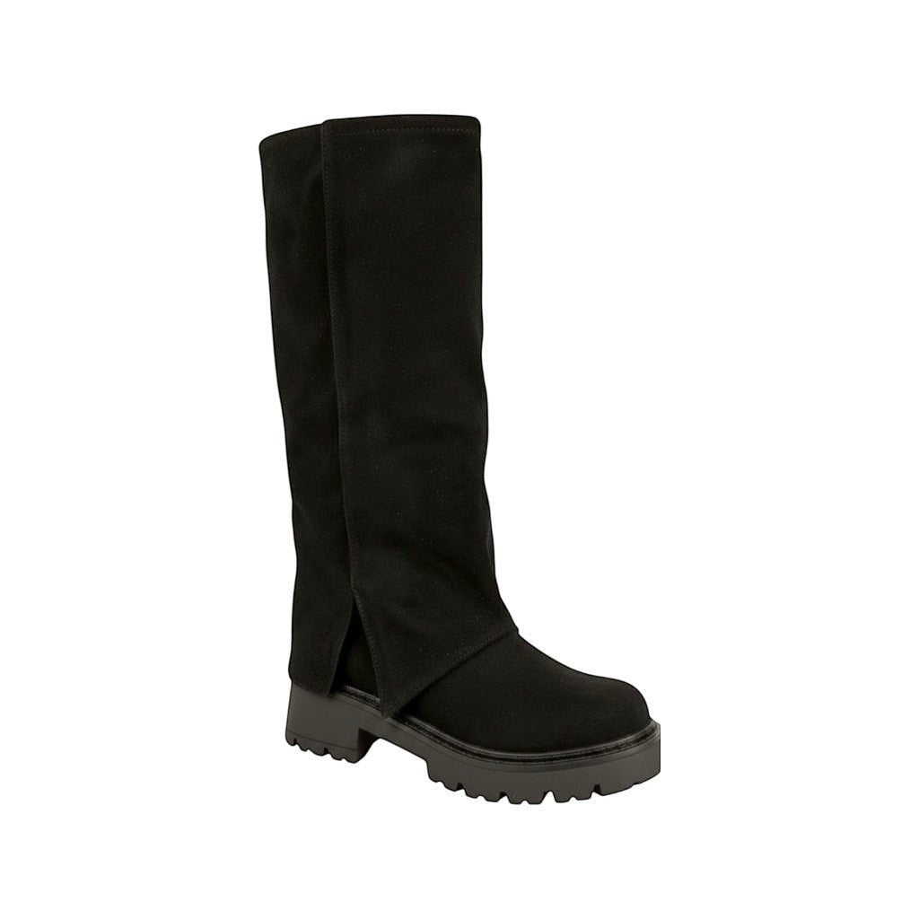 So and Ro black suede tall boots with side slits and chunky sole. Perfect for edgy everyday looks.
