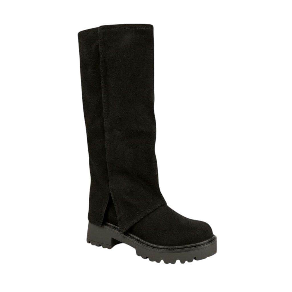So and Ro black suede tall boots with side slits and chunky sole. Perfect for edgy everyday looks.