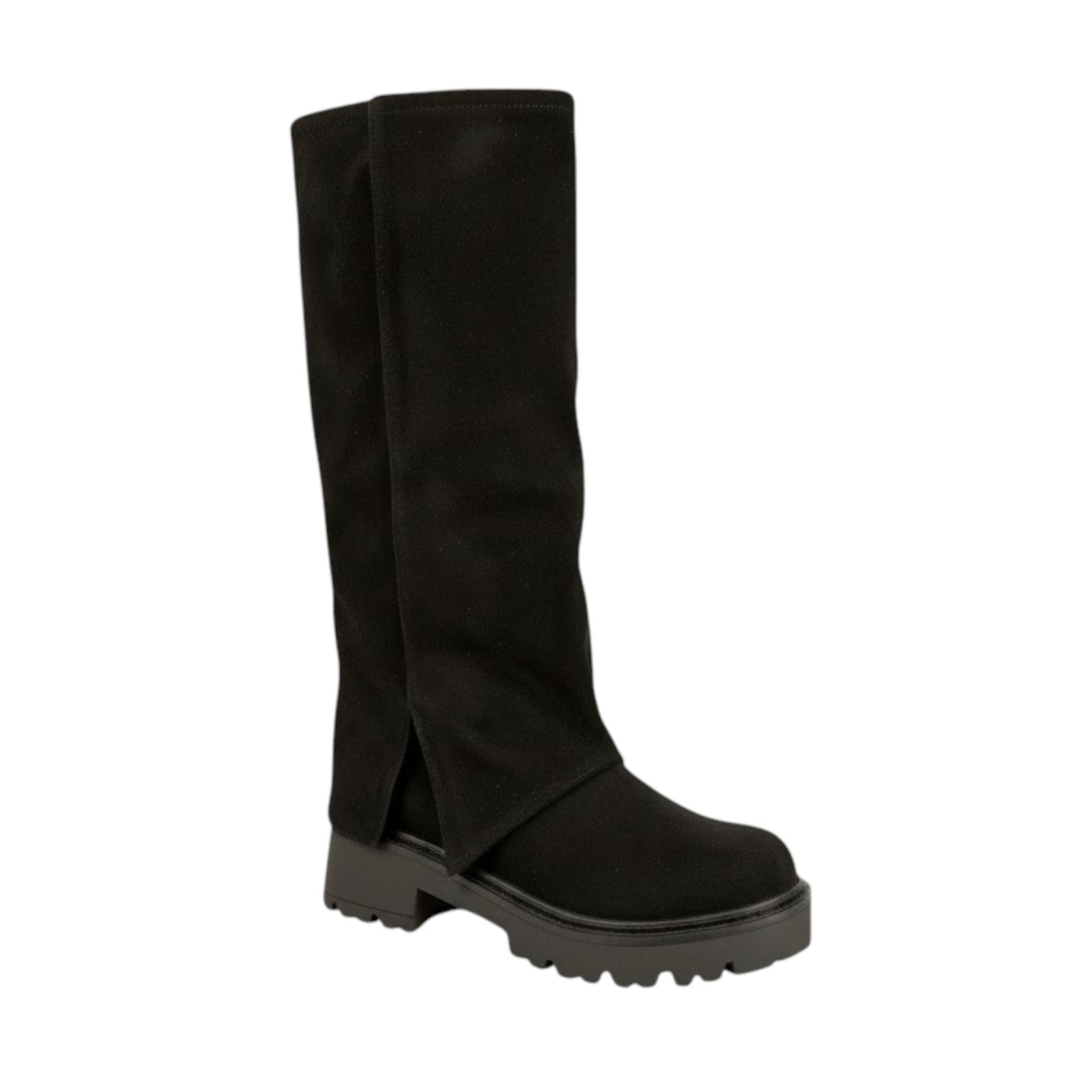So and Ro black suede tall boots with side slits and chunky sole. Perfect for edgy everyday looks.