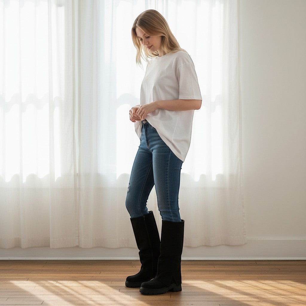 So and Ro black suede tall slit boots worn by a woman with blue jeans and a white t-shirt.