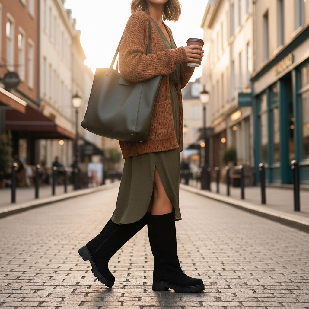 So and Ro black suede tall boots with a slit detail, worn by a woman walking on a cobblestone street.