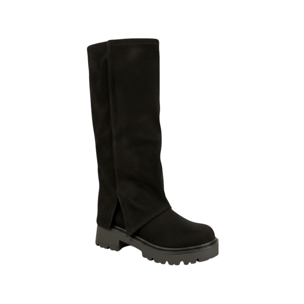 So and Ro black suede tall boots with side slit and chunky sole