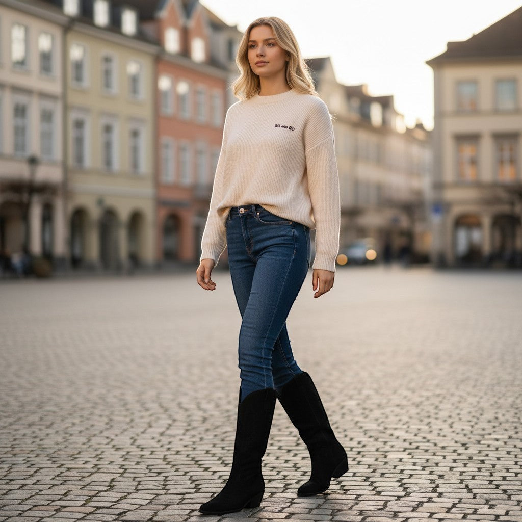 So and Ro black suede tall western boots with pointed toe and block heel worn by a woman in jeans and cream sweater.