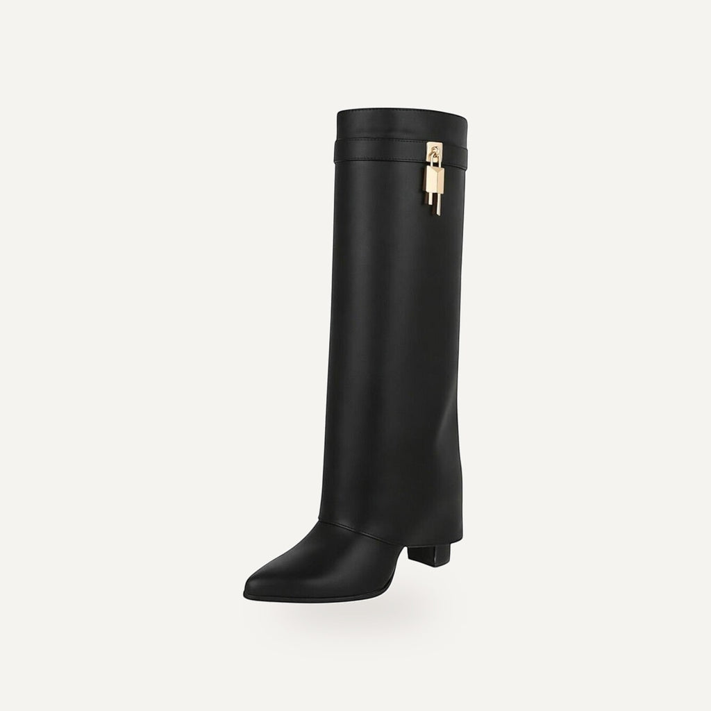 So and Ro black leather-look tall pointed toe boots with a gold buckle accent and a low heel.