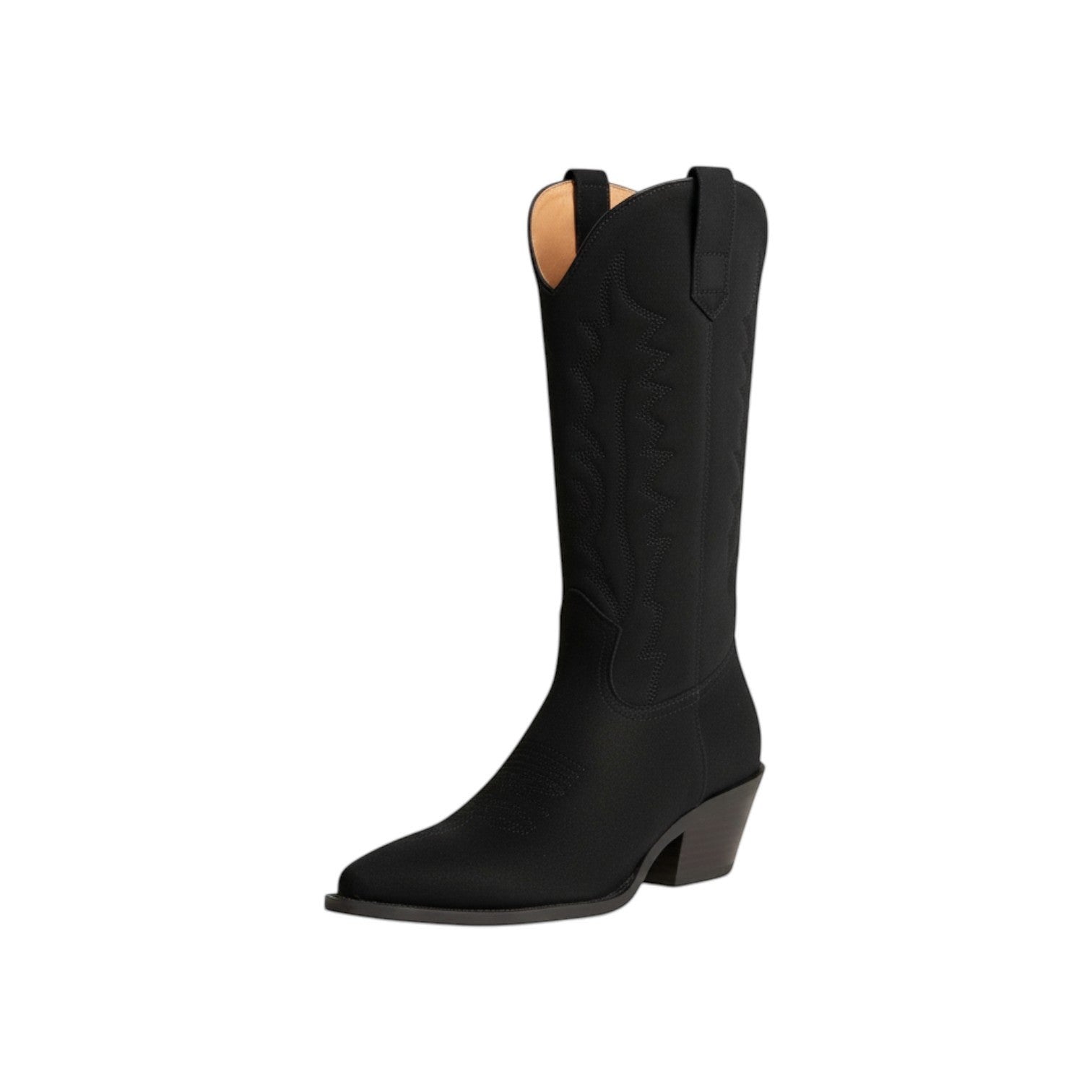 So and Ro black faux leather tall western boots with pointed toe and block heel, featuring classic cowboy stitching.