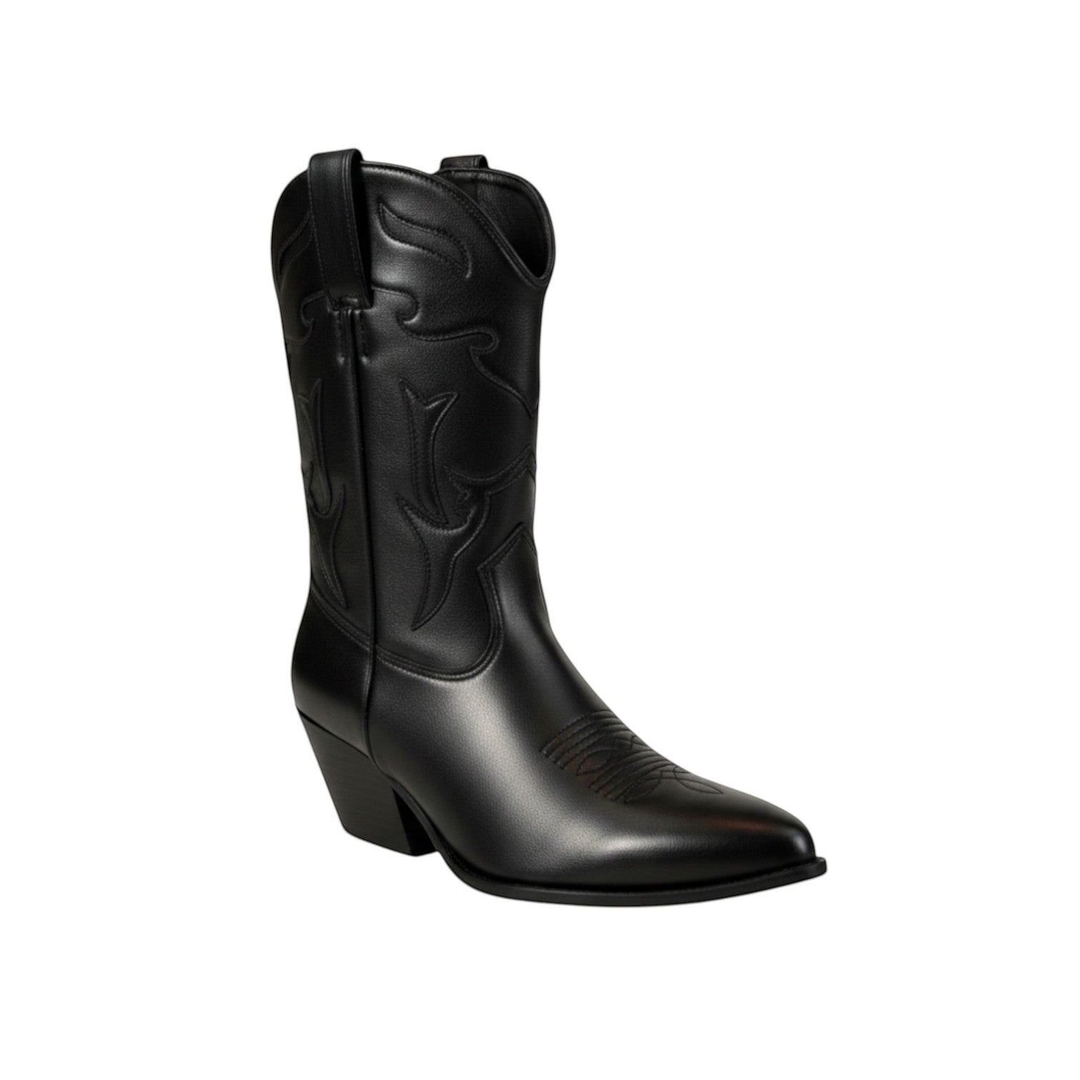 So and Ro black faux leather western cowboy ankle boots with pointed toe and block heel.