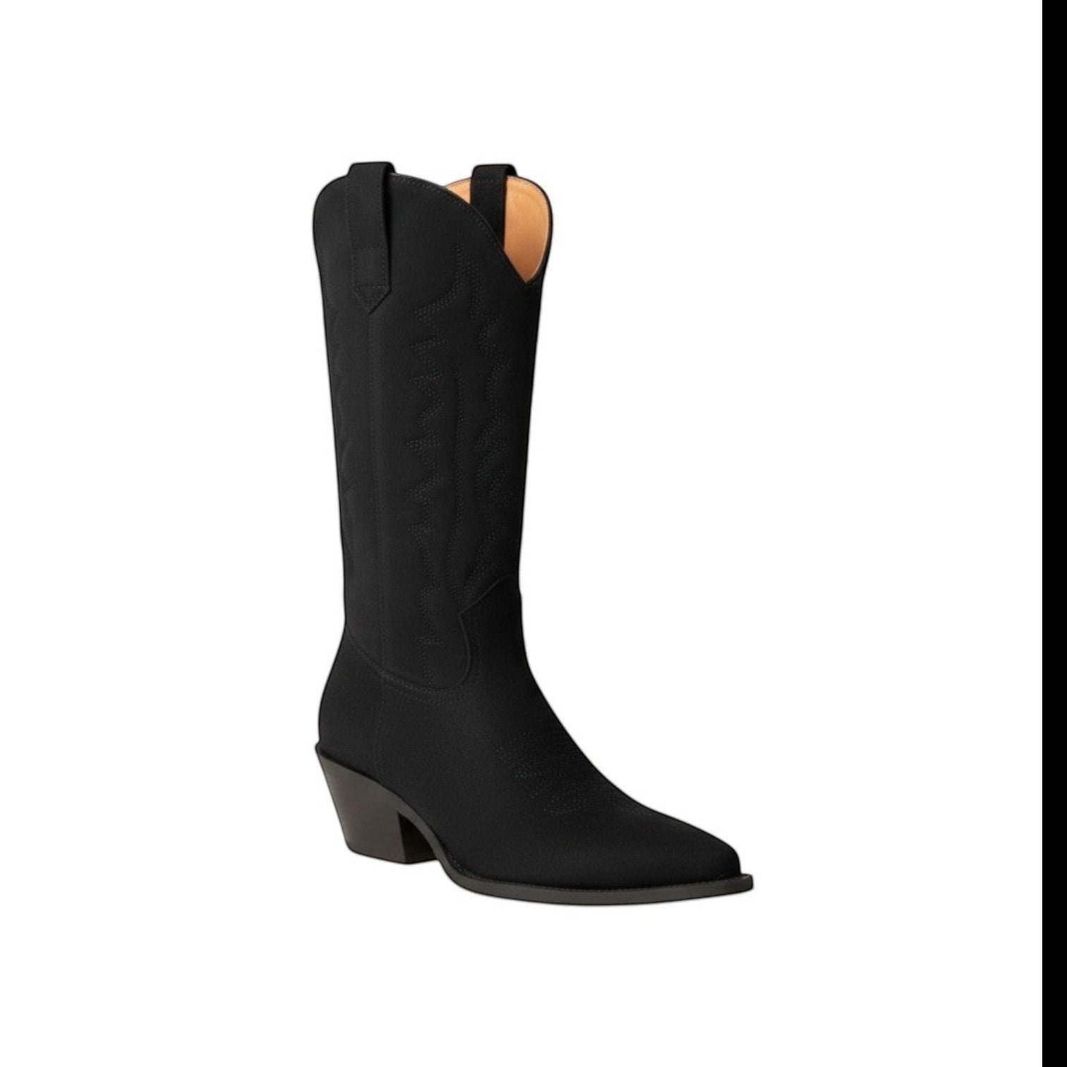 So and Ro black tall western cowboy boots with classic silhouette and intricate stitching detail. Features a pointed toe and block heel.