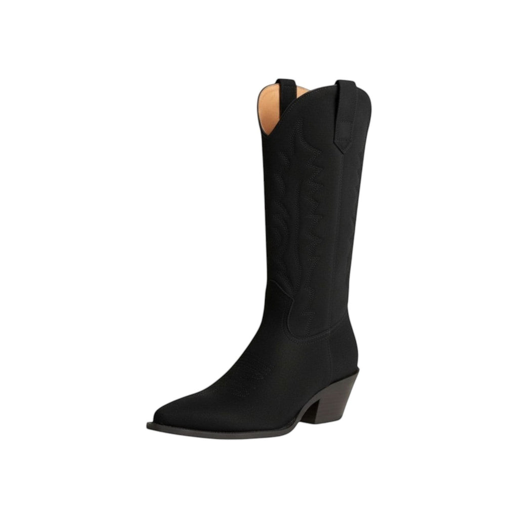 So and Ro black faux leather tall western cowboy boots with pointed toe and stacked heel.