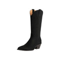 So and Ro black faux leather tall western cowboy boots with pointed toe and stacked heel.