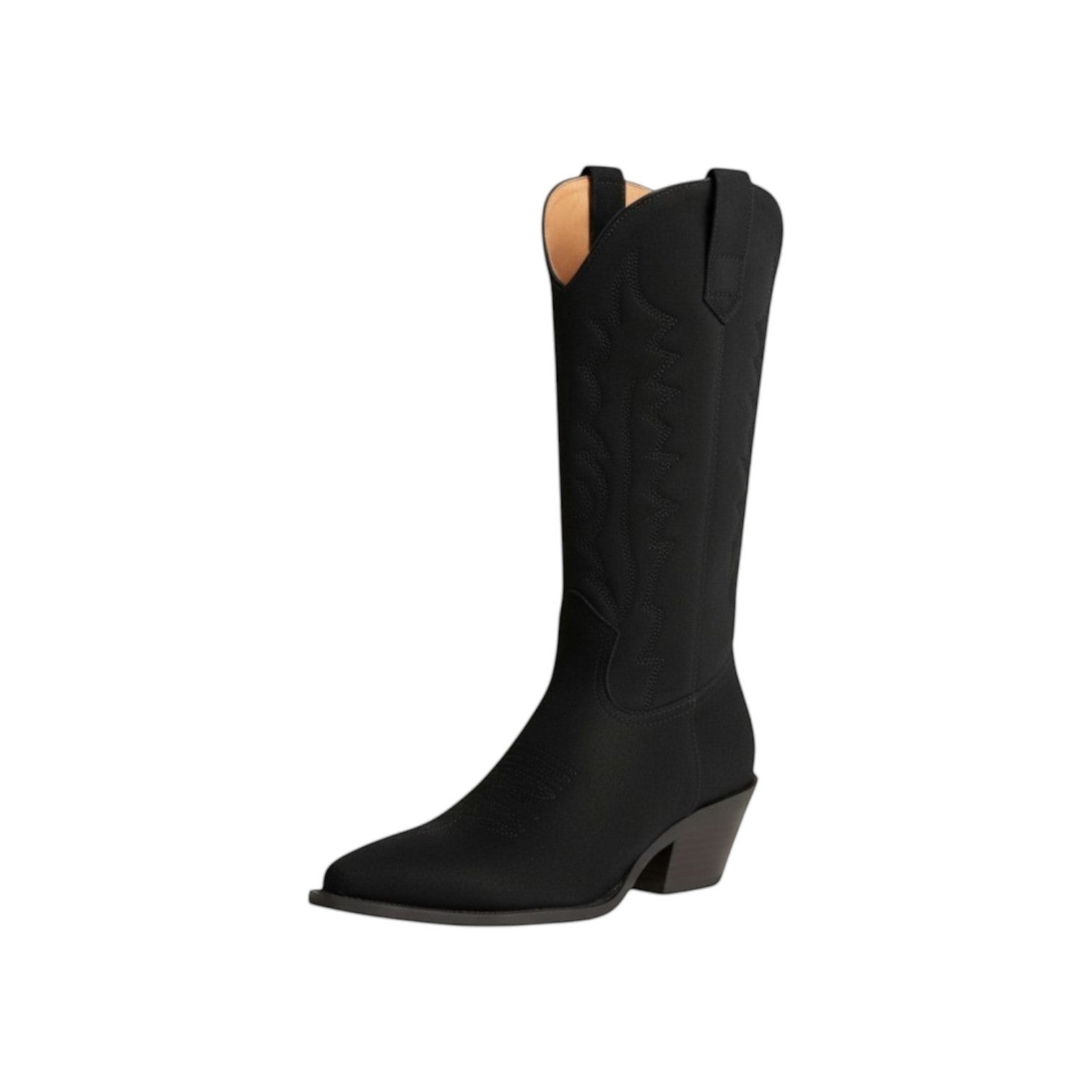 So and Ro black faux leather tall western cowboy boots with pointed toe and stacked heel.