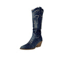 So and Ro blue denim western boots with intricate stitching and a block heel.