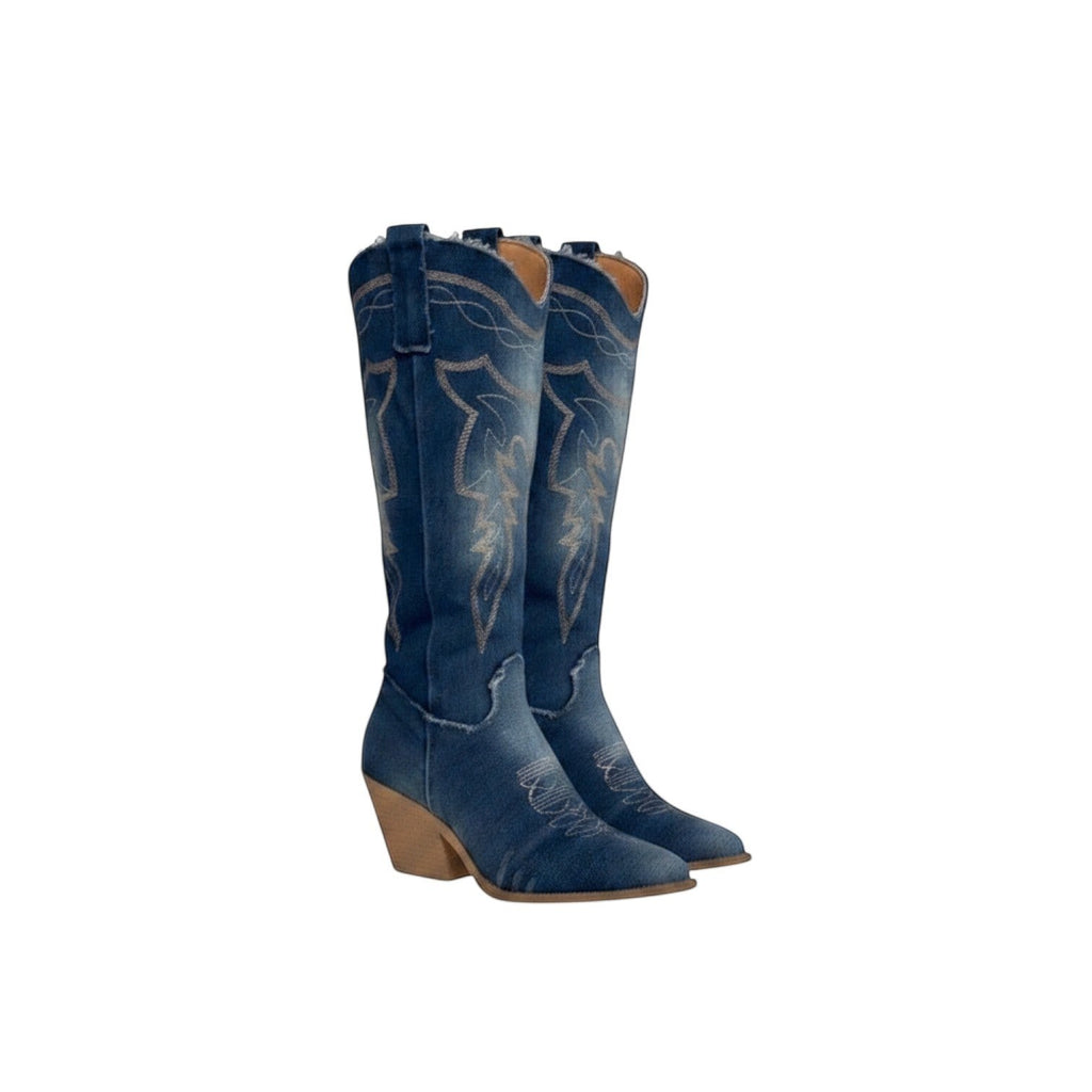 So and Ro blue denim western boots with intricate stitching and block heel.