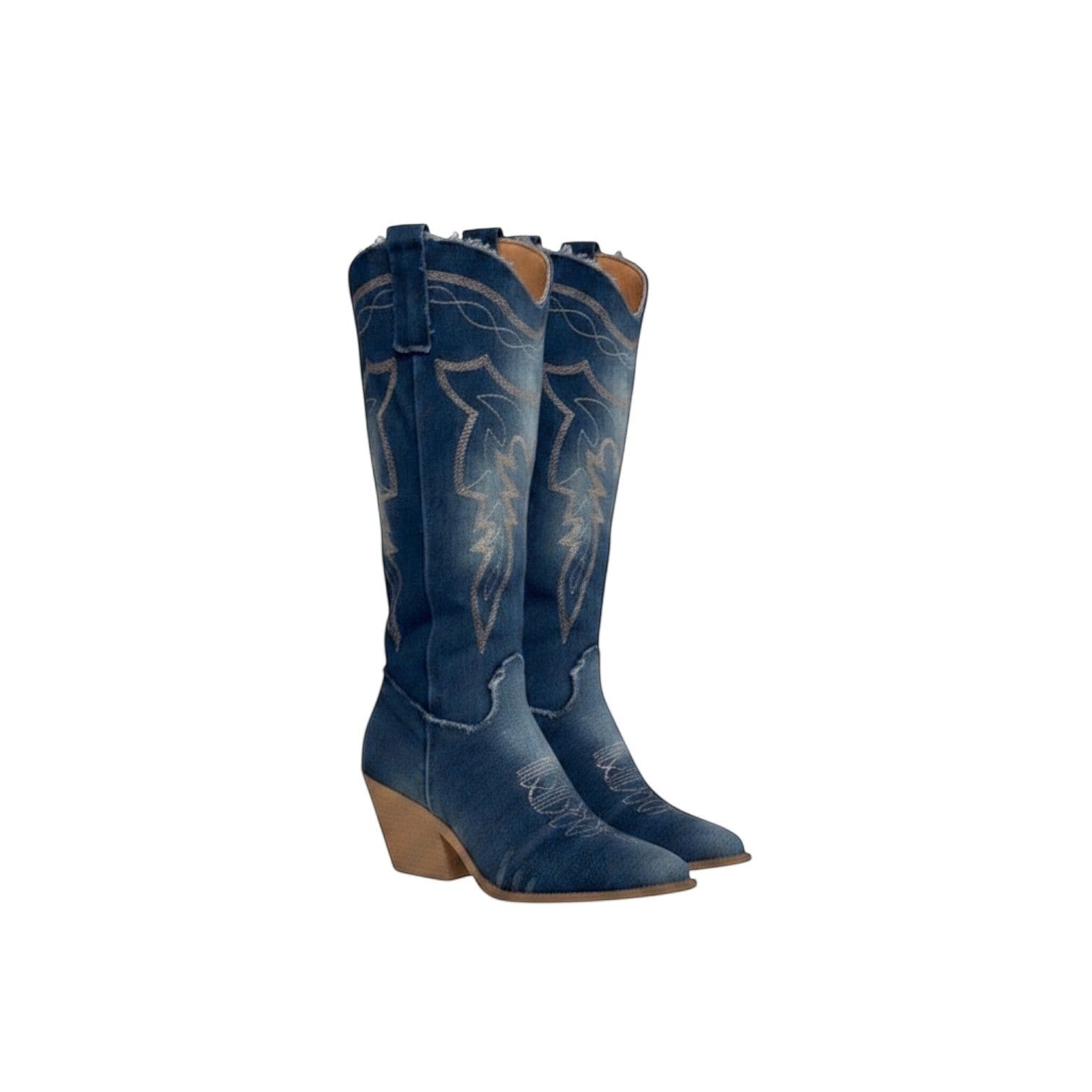 So and Ro blue denim western boots with intricate stitching and block heel.